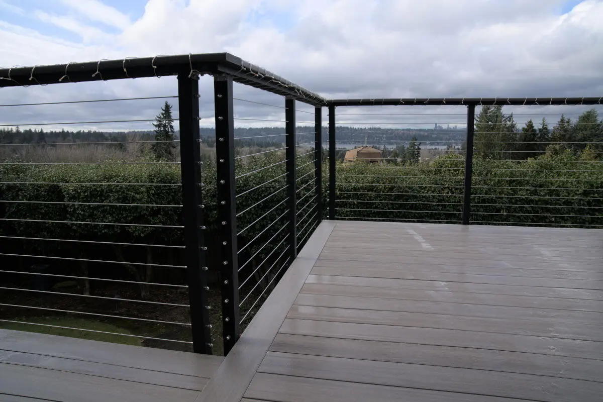 Bellevue deck overlooking Seattle with cable railing.