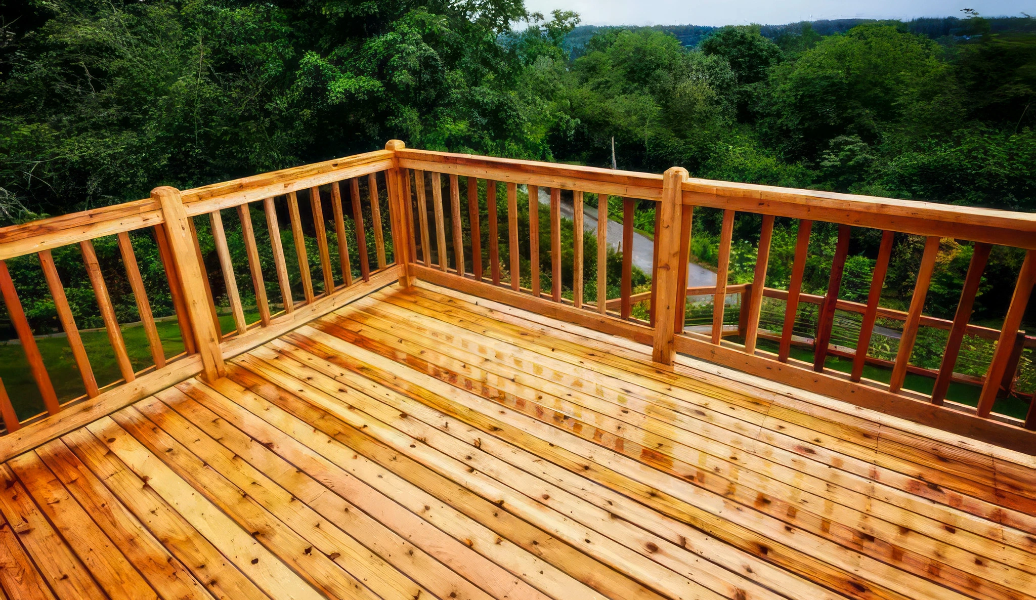 Natural wood picket railing installation