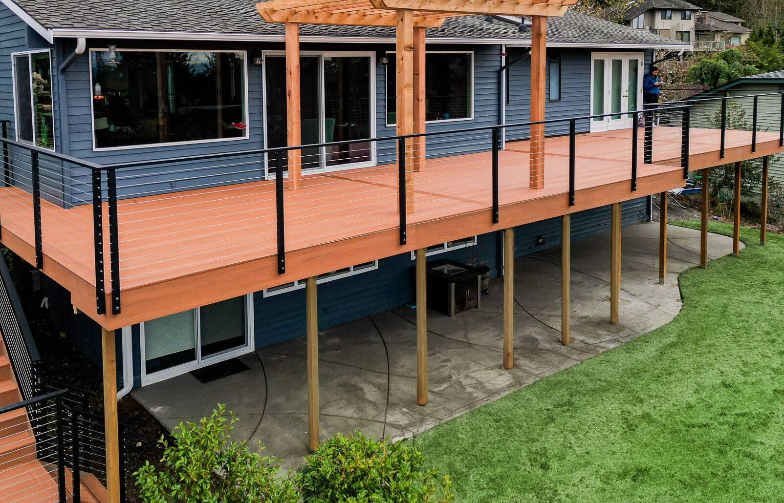Cypress Azek Decking with Maisy Cable Railing and Cedar Pergola